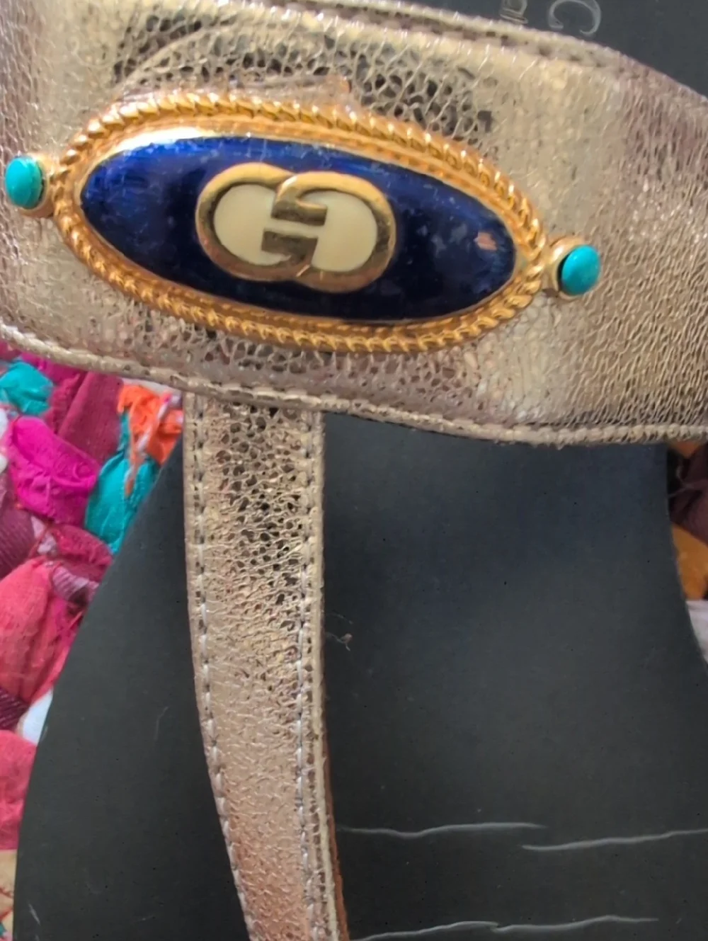 Gucci Metallic Gold Thong Sandals with Black Footbed and Blue Accents